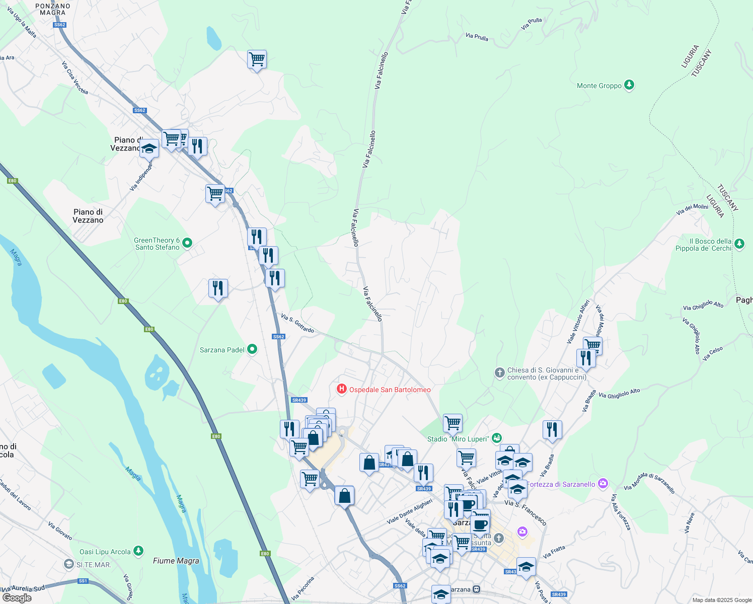 map of restaurants, bars, coffee shops, grocery stores, and more near 148 Via Falcinello in Sarzana
