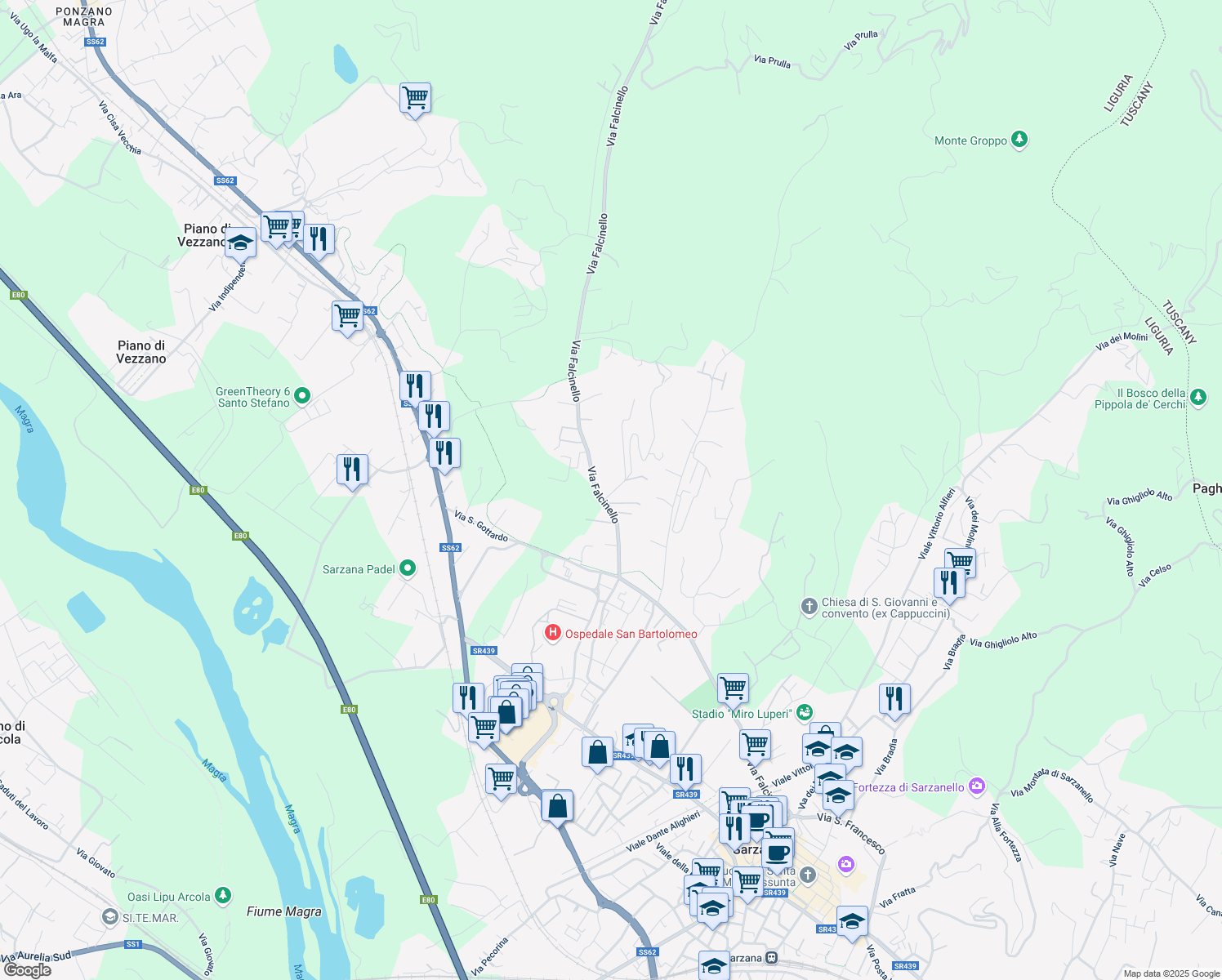 map of restaurants, bars, coffee shops, grocery stores, and more near 148 Via Falcinello in Sarzana