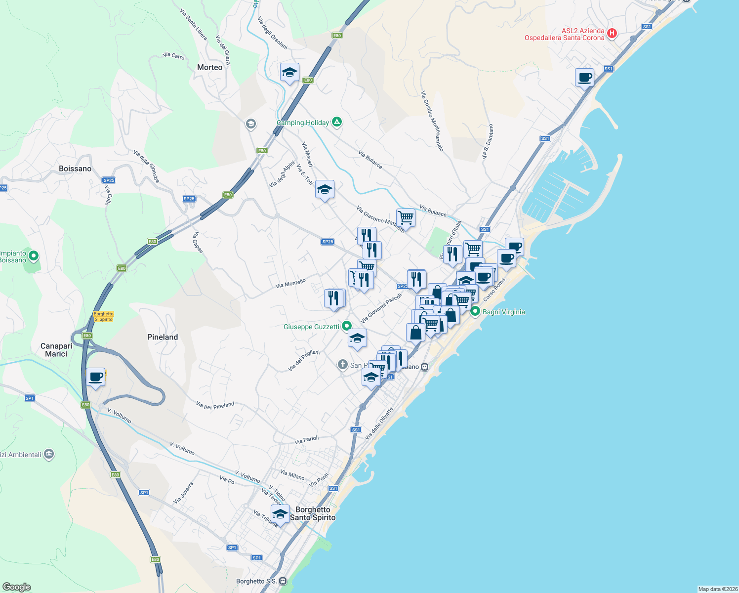map of restaurants, bars, coffee shops, grocery stores, and more near 8 Via Luigi Pirandello in Loano