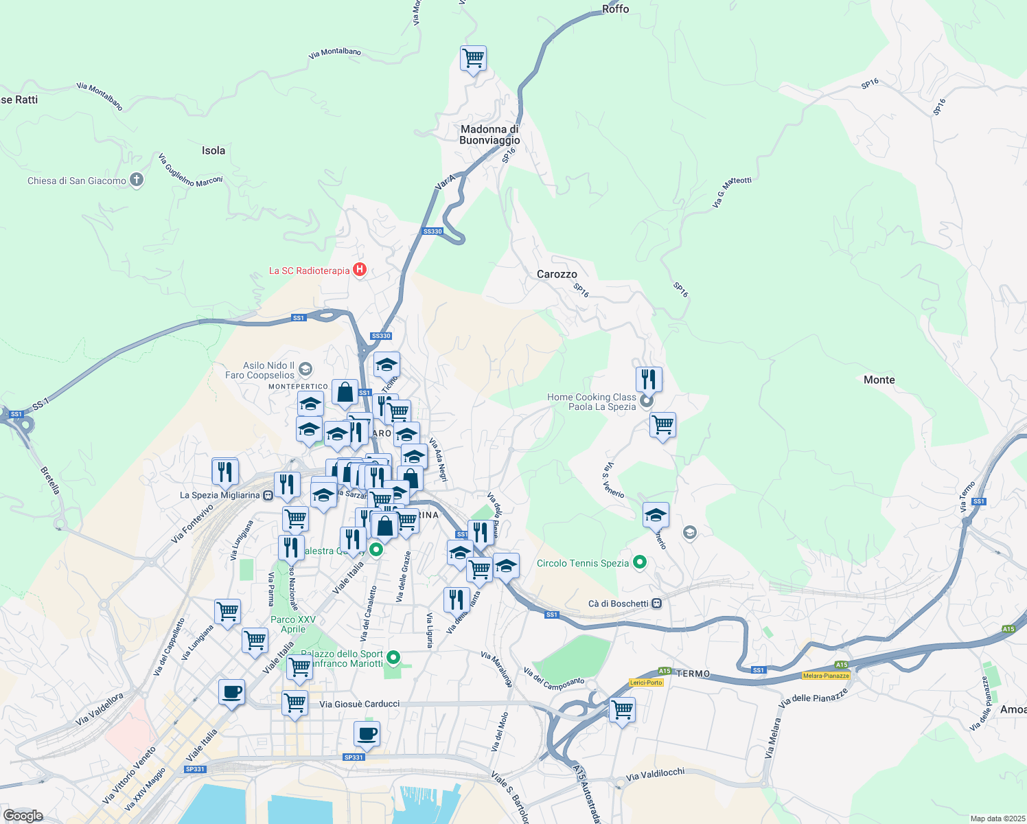 map of restaurants, bars, coffee shops, grocery stores, and more near 79 Via Privata da Passano in La Spezia