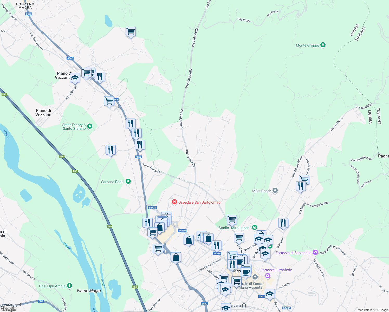 map of restaurants, bars, coffee shops, grocery stores, and more near 148 Via Falcinello in Sarzana