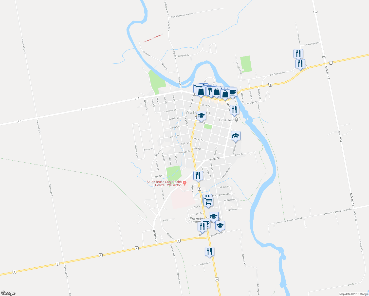 map of restaurants, bars, coffee shops, grocery stores, and more near 606 Mary Street in Walkerton