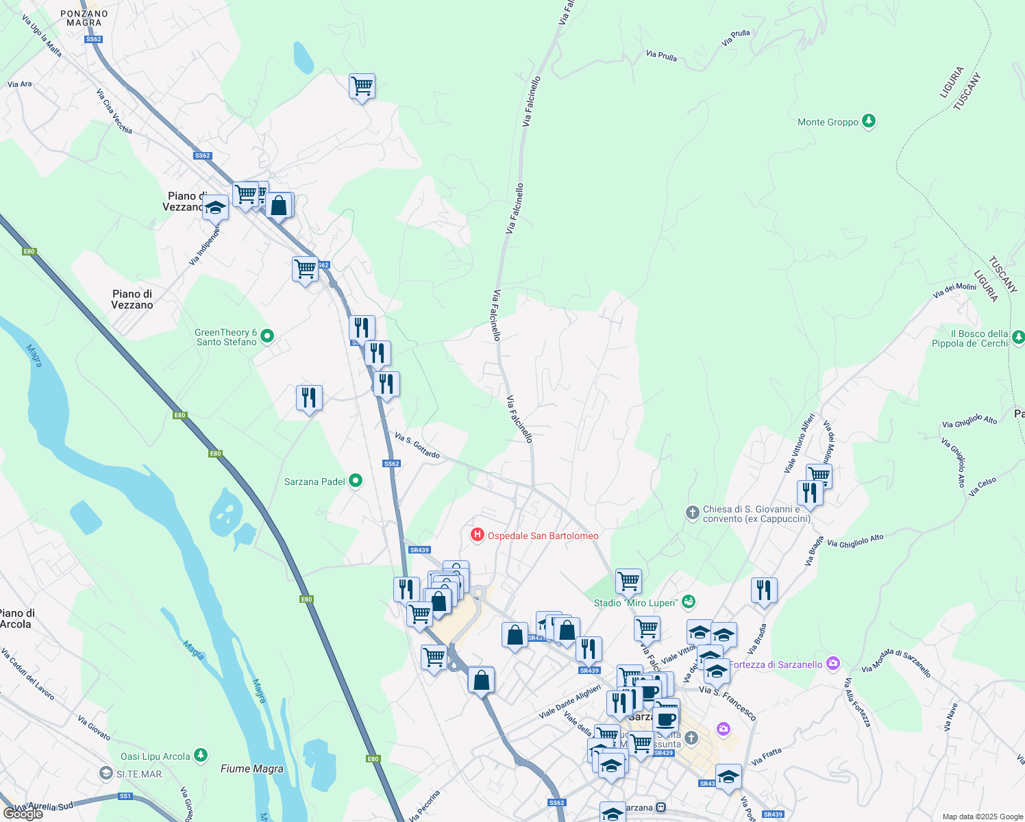map of restaurants, bars, coffee shops, grocery stores, and more near 1561 Via Falcinello in Sarzana