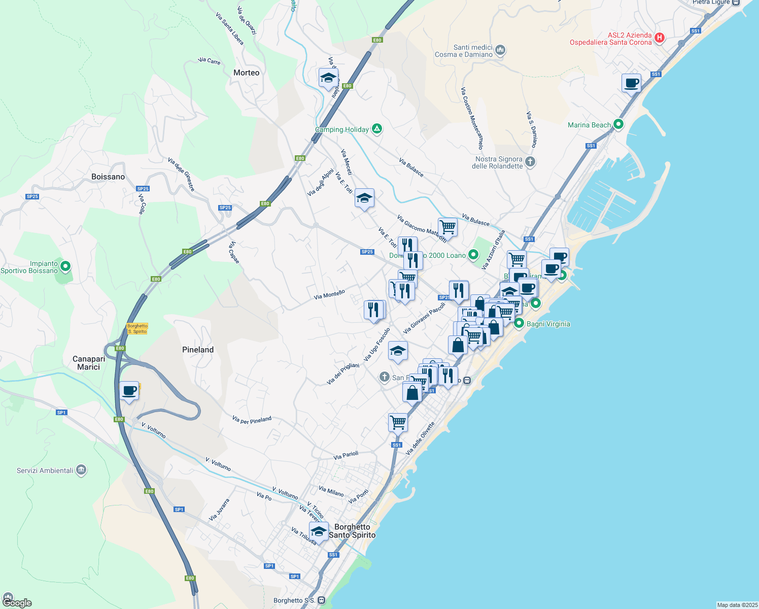 map of restaurants, bars, coffee shops, grocery stores, and more near 15 Via Tagliamento in Loano