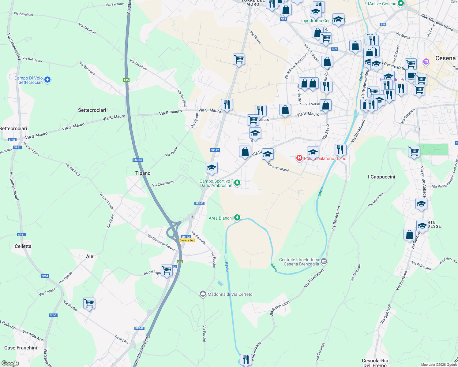 map of restaurants, bars, coffee shops, grocery stores, and more near 180 Via Chiusi in Cesena