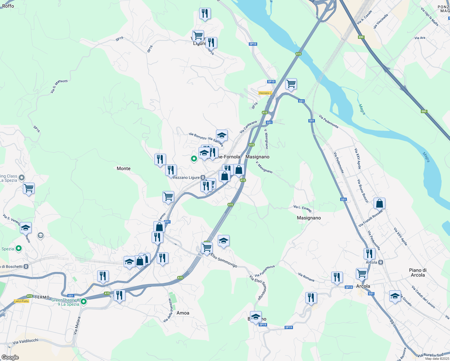 map of restaurants, bars, coffee shops, grocery stores, and more near 12 Via Termo in Stazione-fornola
