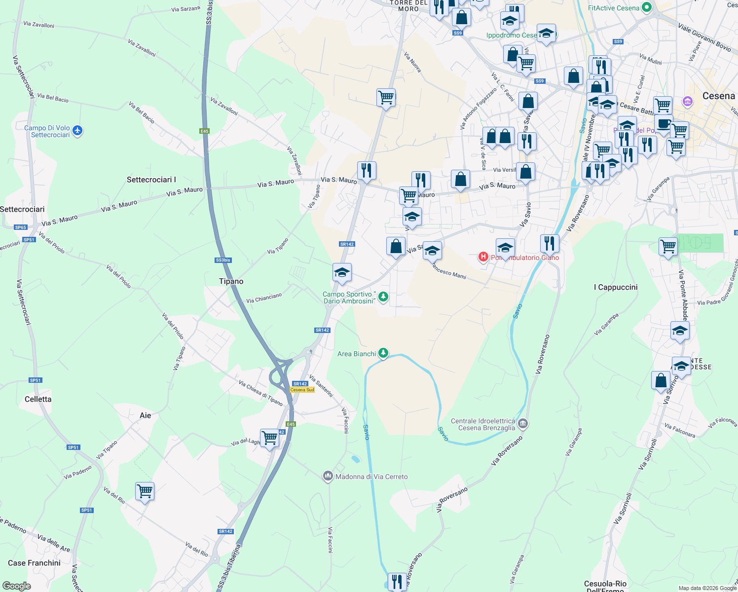 map of restaurants, bars, coffee shops, grocery stores, and more near 180 Via Chiusi in Cesena
