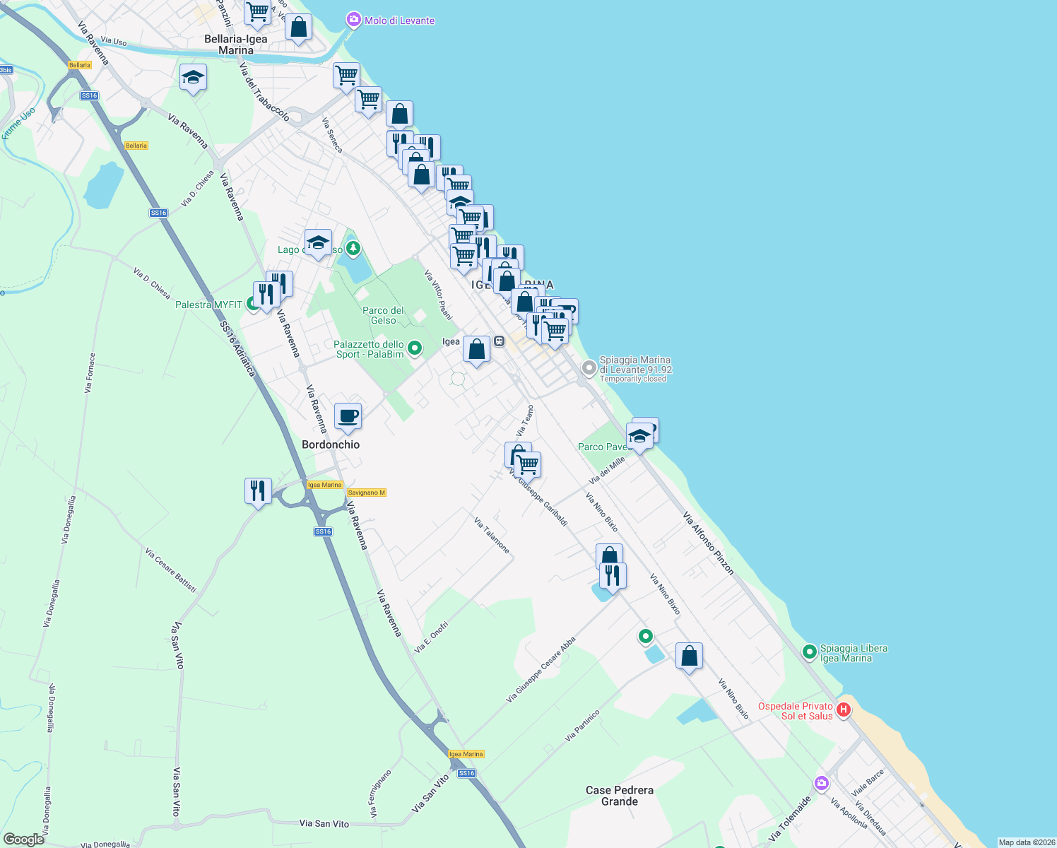 map of restaurants, bars, coffee shops, grocery stores, and more near 17 Via Teano in Bellaria-Igea Marina