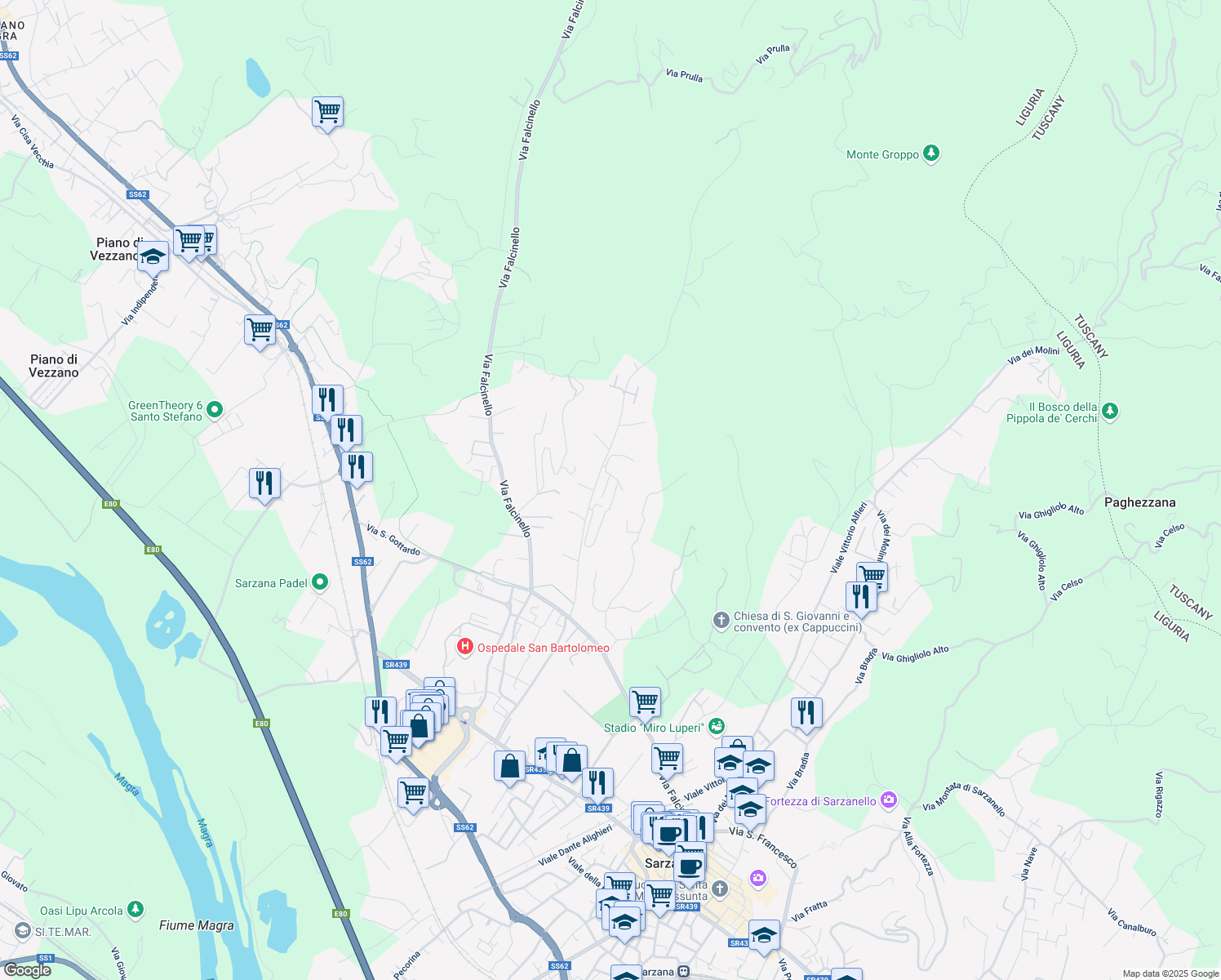 map of restaurants, bars, coffee shops, grocery stores, and more near 20 Via Turì in Sarzana