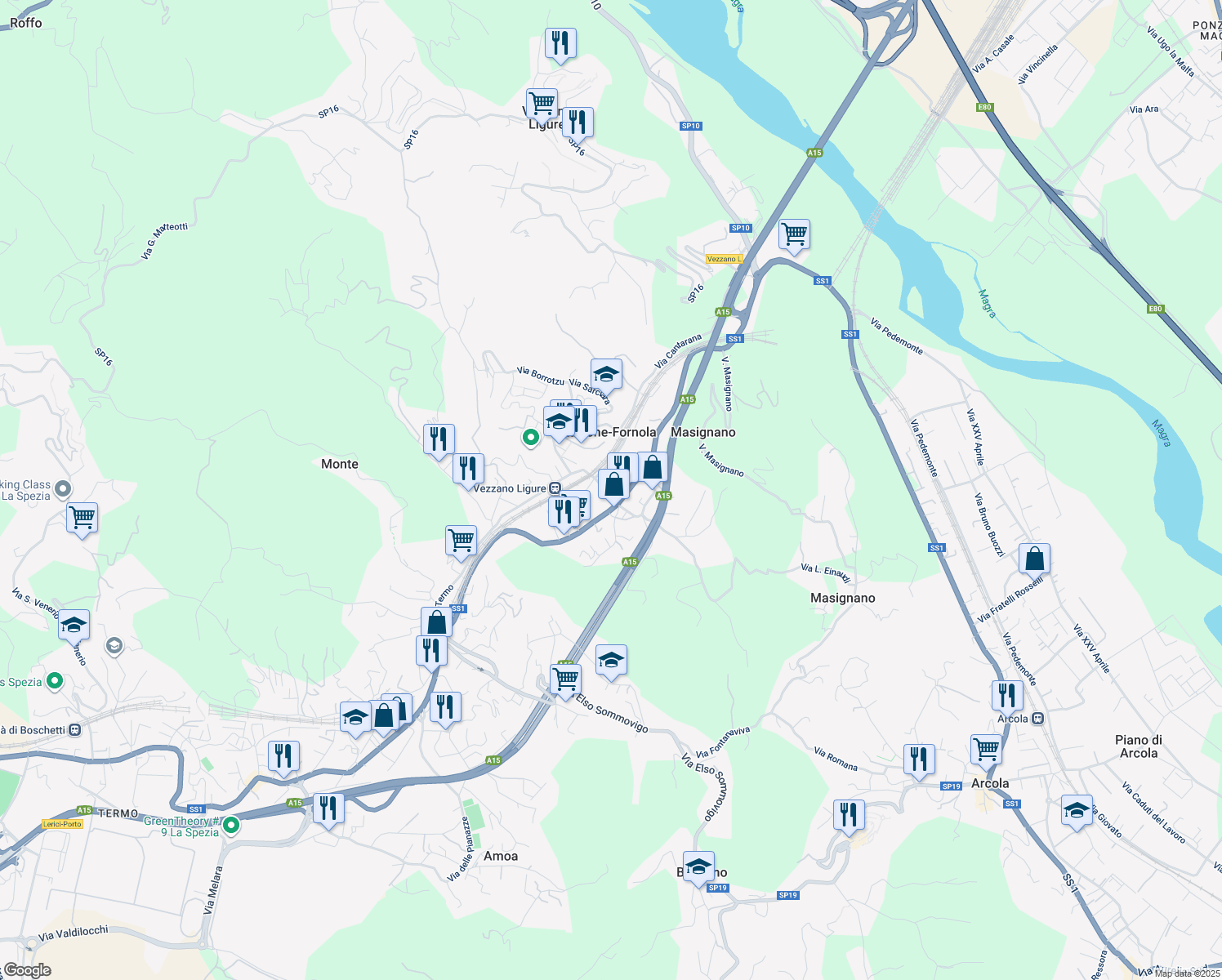 map of restaurants, bars, coffee shops, grocery stores, and more near 12 Via Termo in Stazione-fornola