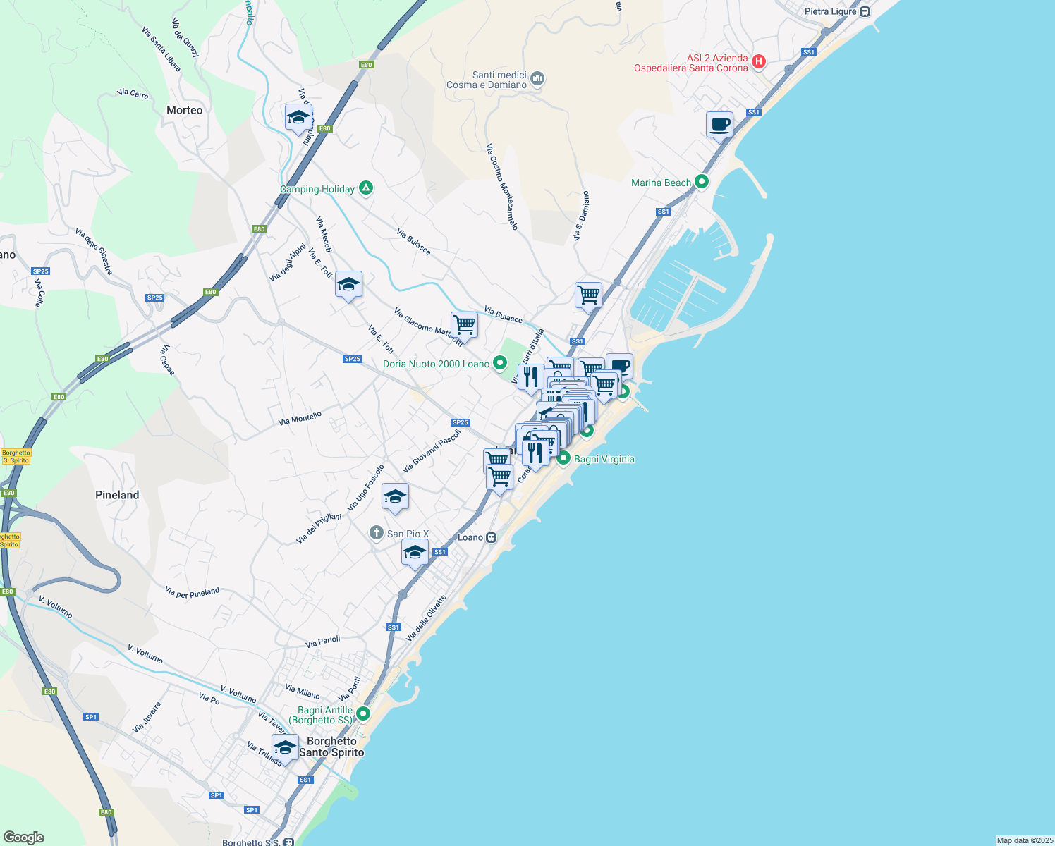 map of restaurants, bars, coffee shops, grocery stores, and more near 30 Corso Europa in Loano