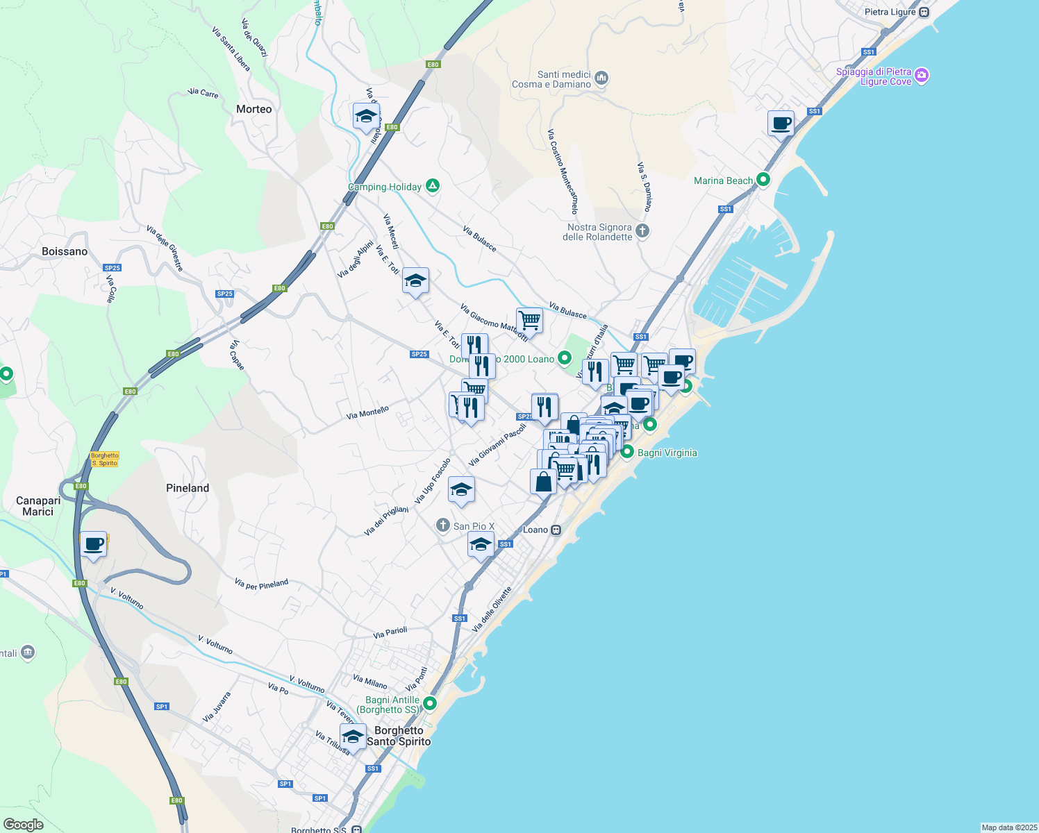 map of restaurants, bars, coffee shops, grocery stores, and more near 6 Via Giovanni Pascoli in Loano