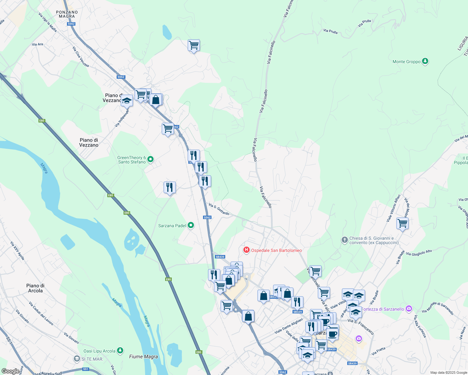 map of restaurants, bars, coffee shops, grocery stores, and more near 61 Via Montallegro in Sarzana