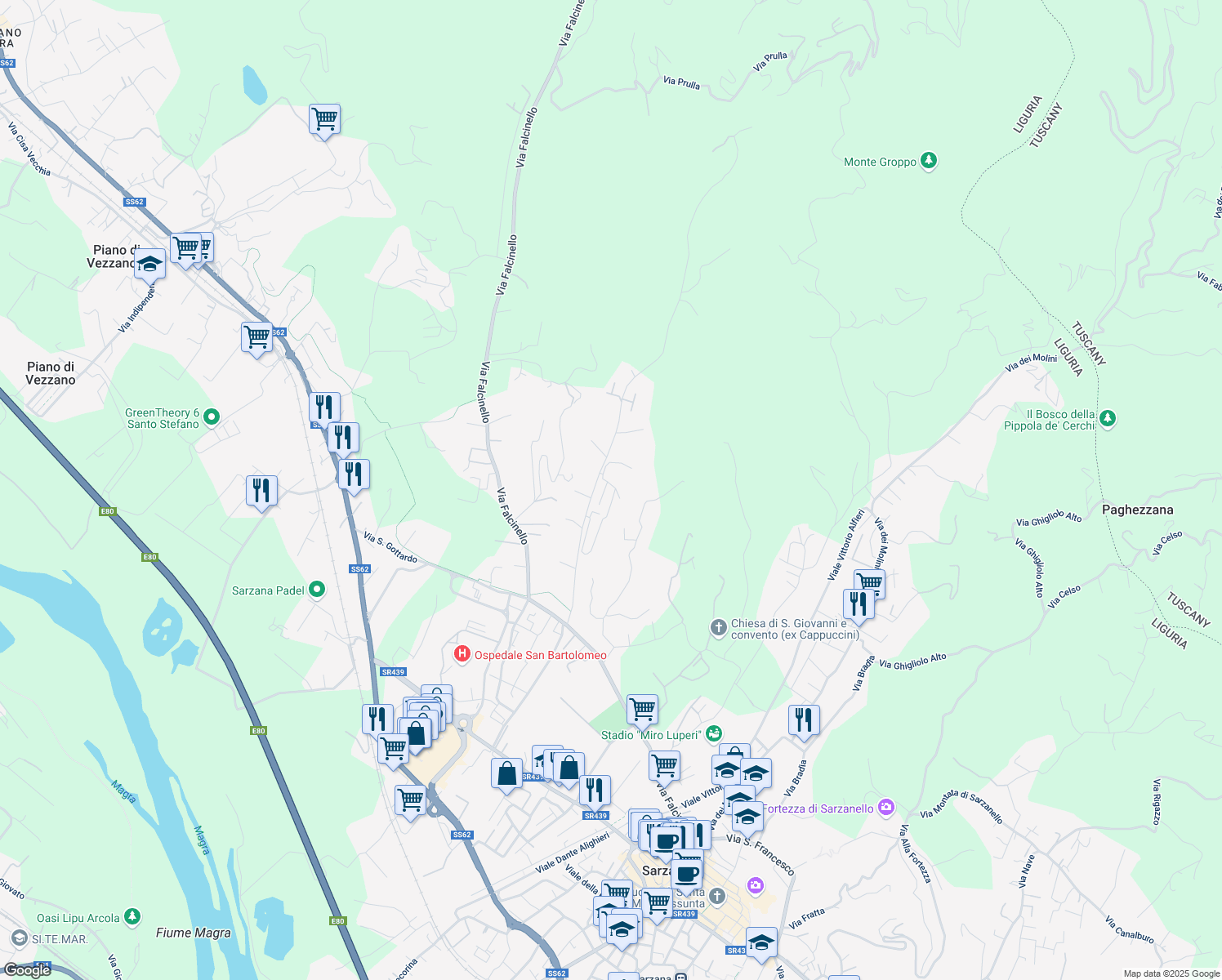 map of restaurants, bars, coffee shops, grocery stores, and more near 20 Via Turì in Sarzana