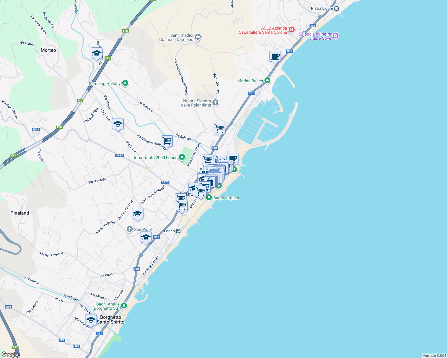 map of restaurants, bars, coffee shops, grocery stores, and more near Via Rosa Raimondi in Loano