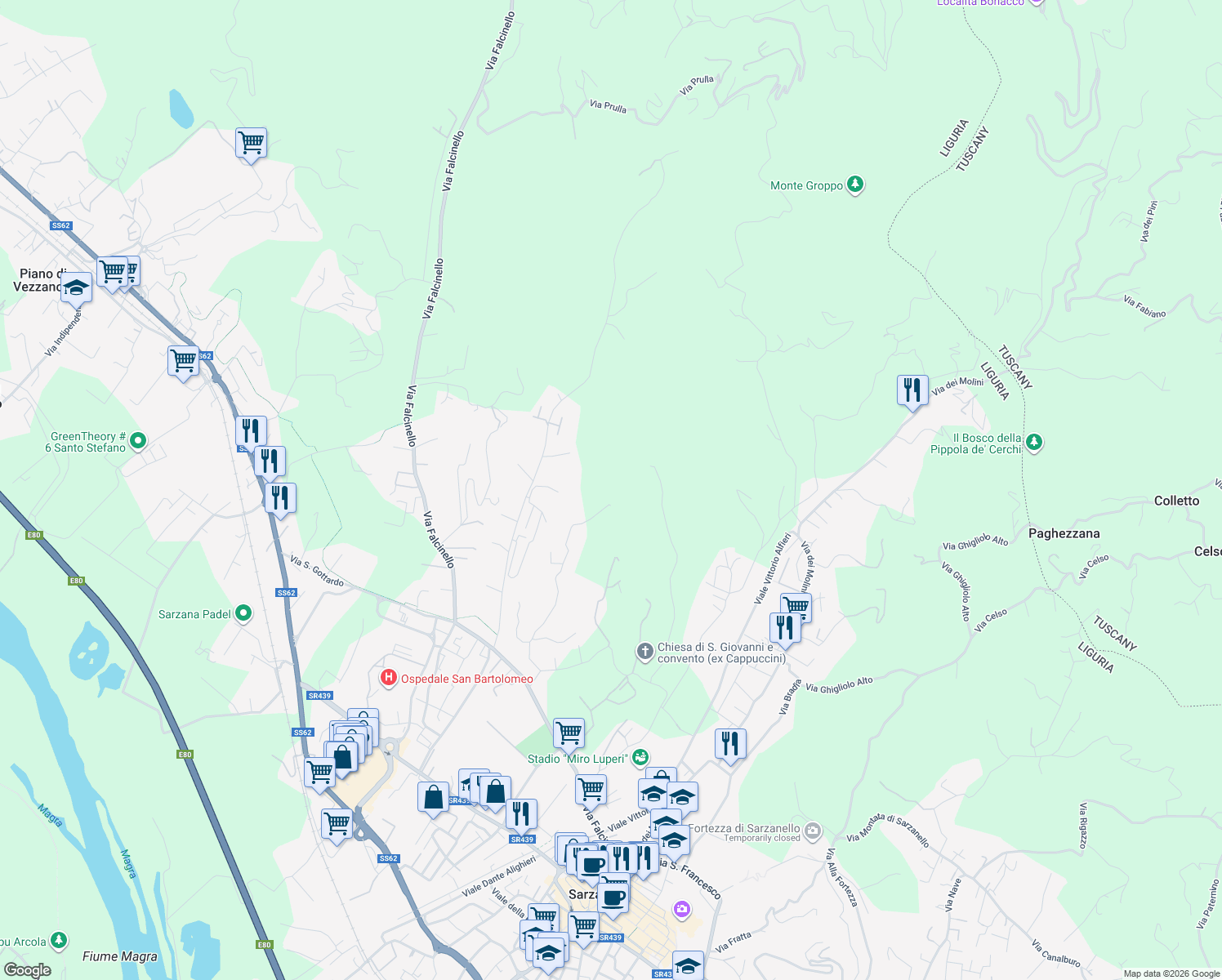 map of restaurants, bars, coffee shops, grocery stores, and more near 36 Via Triboli Traversa I in Provincia della Spezia