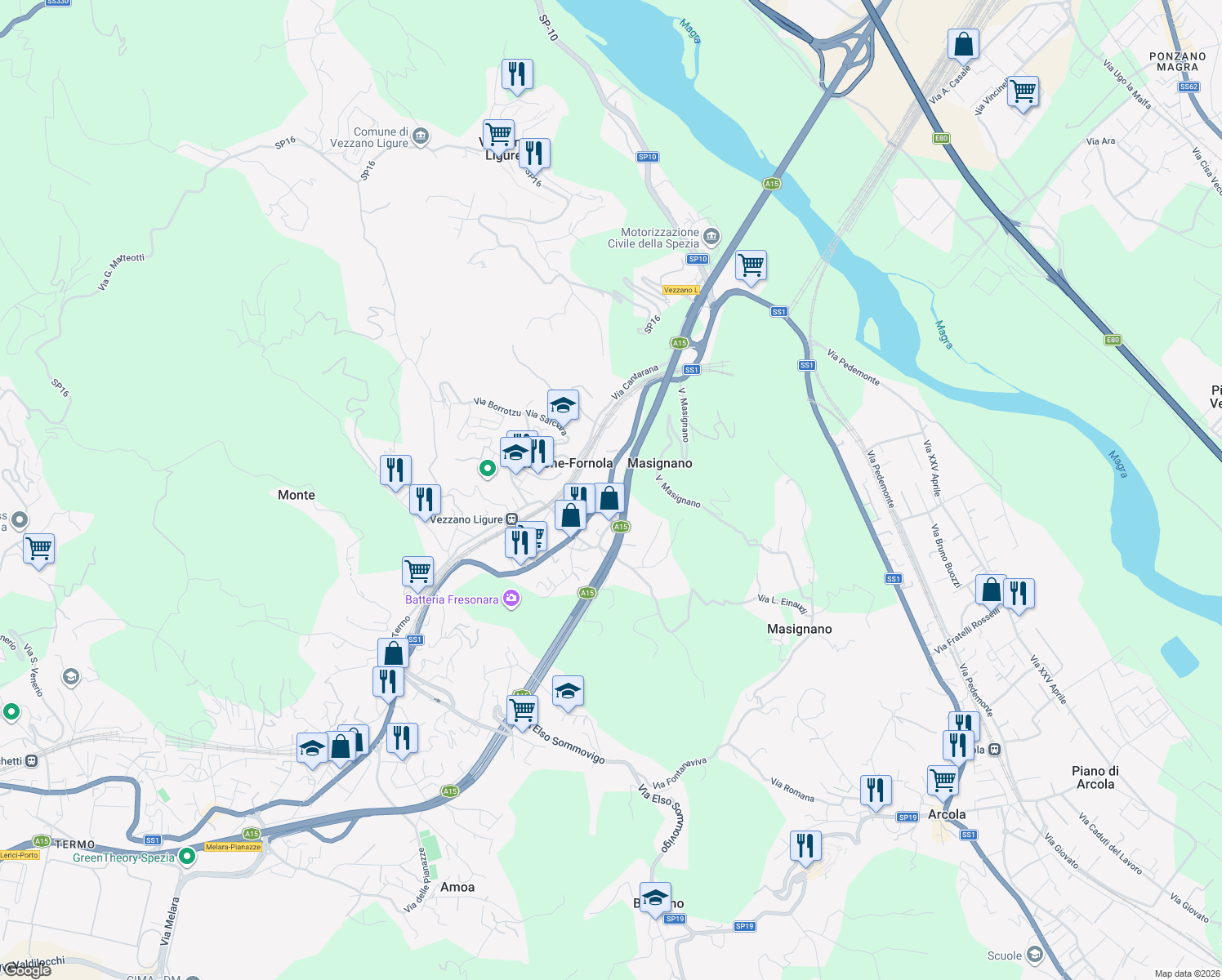 map of restaurants, bars, coffee shops, grocery stores, and more near 176 Strada Statale 1 in Stazione-fornola