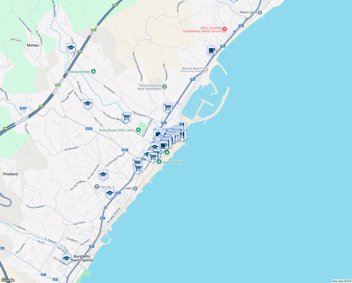 map of restaurants, bars, coffee shops, grocery stores, and more near 16 Corso Roma in Loano