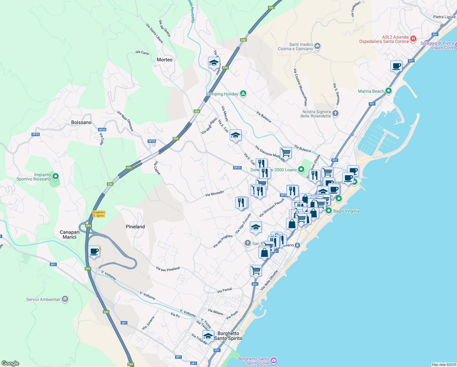 map of restaurants, bars, coffee shops, grocery stores, and more near 53 Via Isonzo in Loano