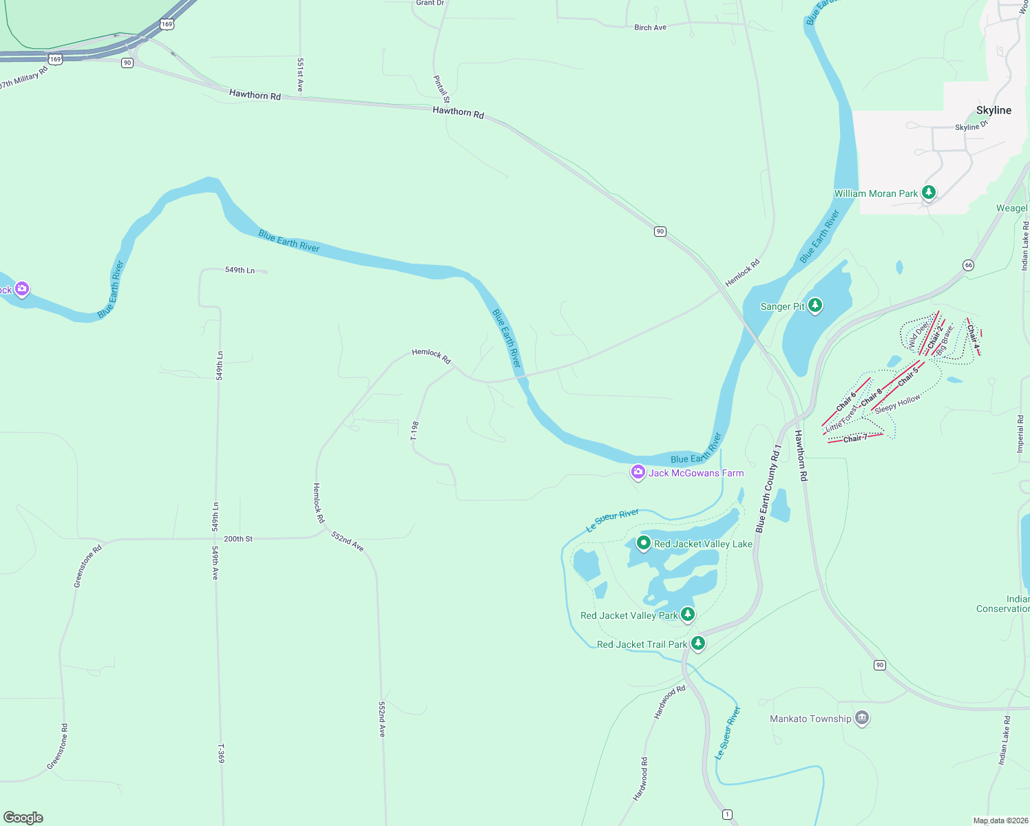 map of restaurants, bars, coffee shops, grocery stores, and more near 55363 Hemlock Road in Mankato