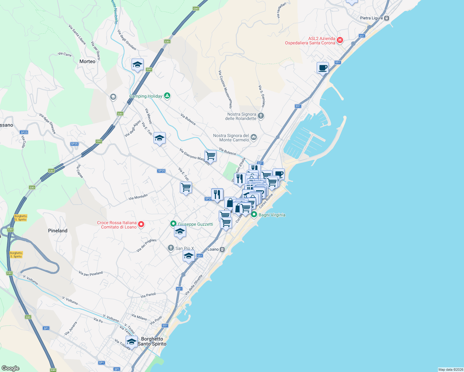 map of restaurants, bars, coffee shops, grocery stores, and more near 12 Via Giacomo Matteotti in Loano