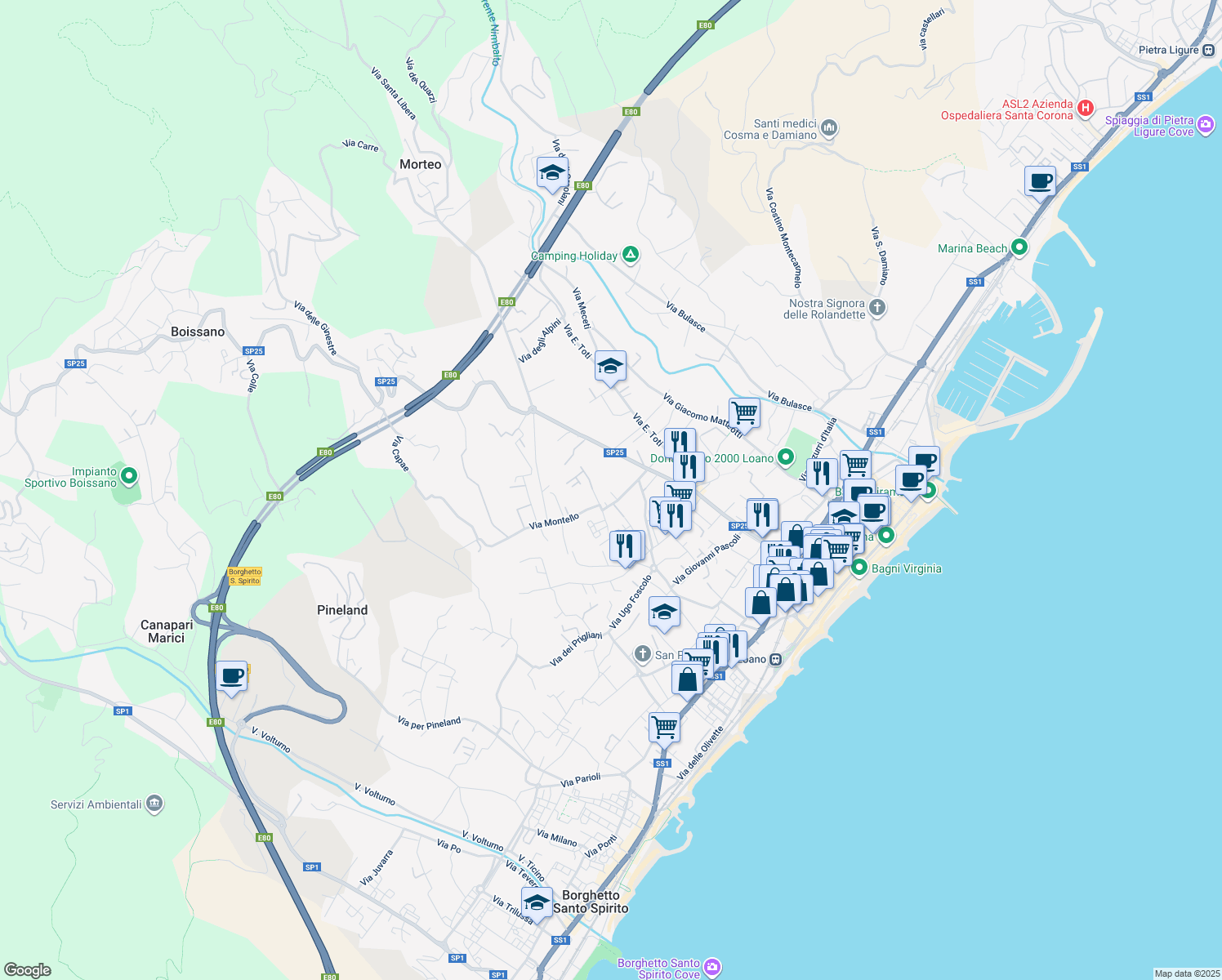 map of restaurants, bars, coffee shops, grocery stores, and more near 53 Via Isonzo in Loano