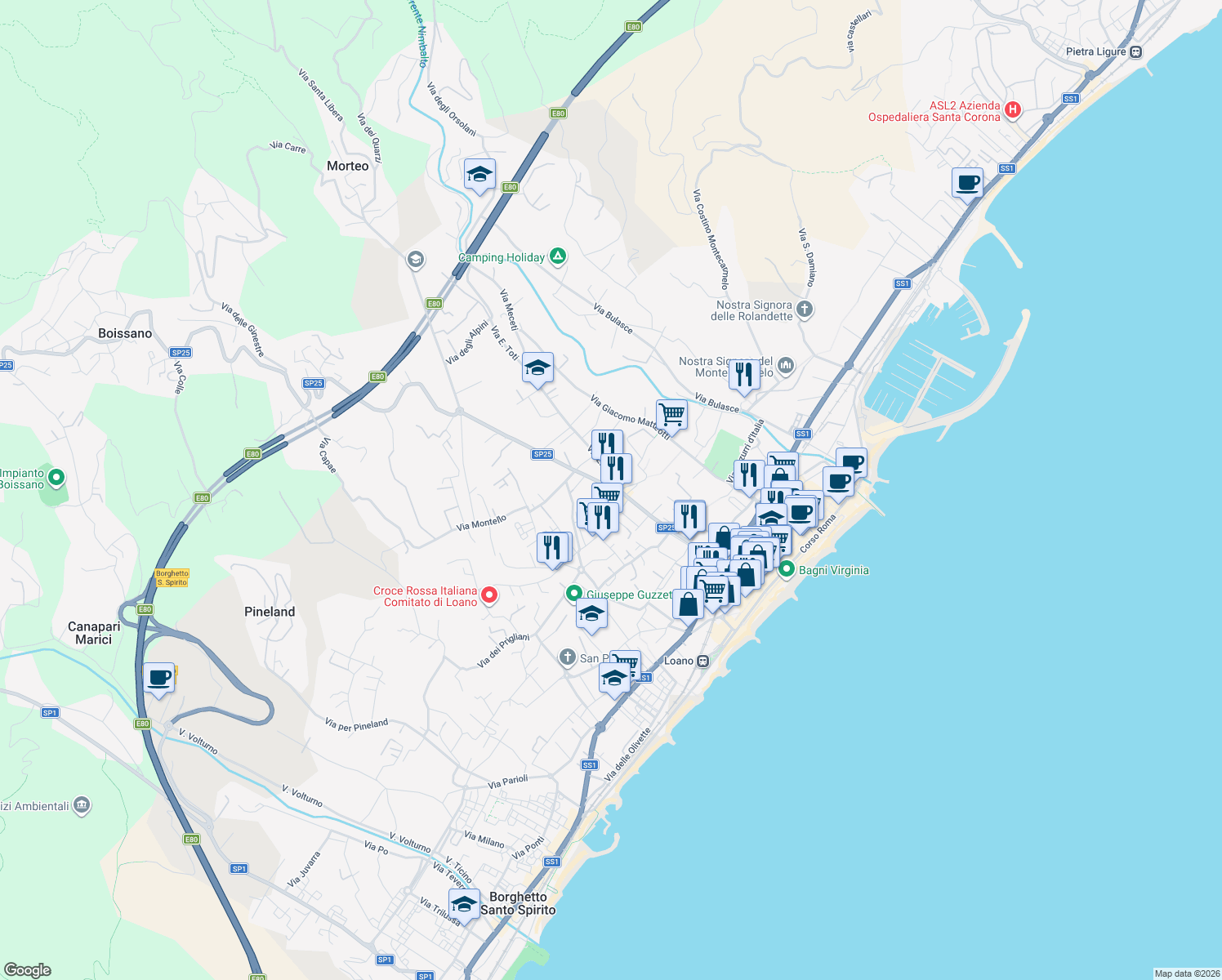map of restaurants, bars, coffee shops, grocery stores, and more near 85 Via Silvio Amico in Loano