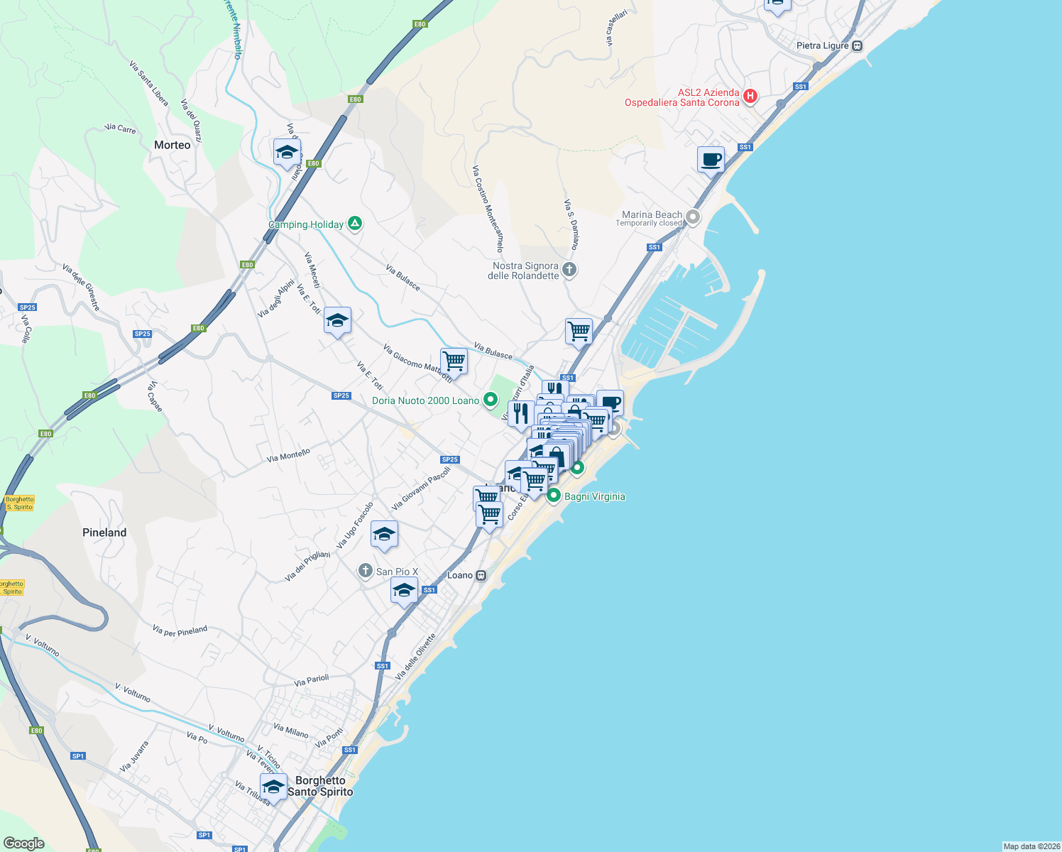 map of restaurants, bars, coffee shops, grocery stores, and more near 184 Via Aurelia in Loano