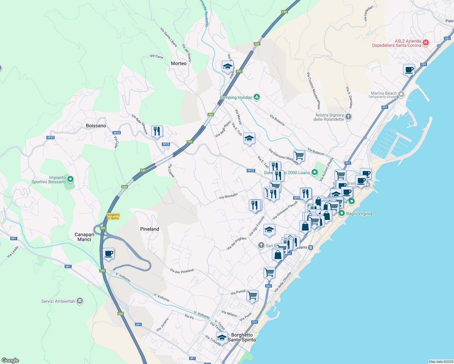 map of restaurants, bars, coffee shops, grocery stores, and more near 22 Via delle Fornaci in Loano