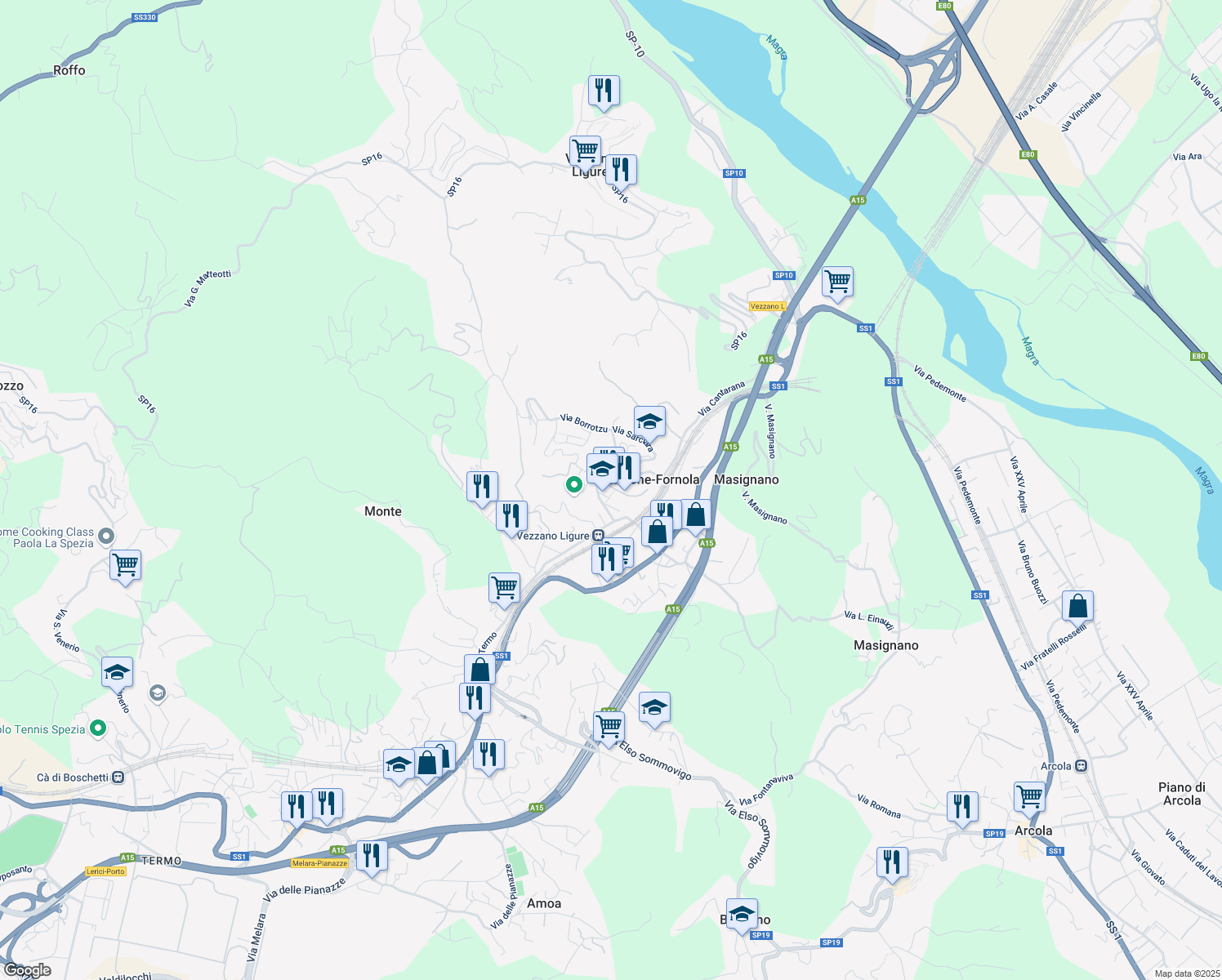 map of restaurants, bars, coffee shops, grocery stores, and more near 14 Via Aldo Moro in Stazione-fornola