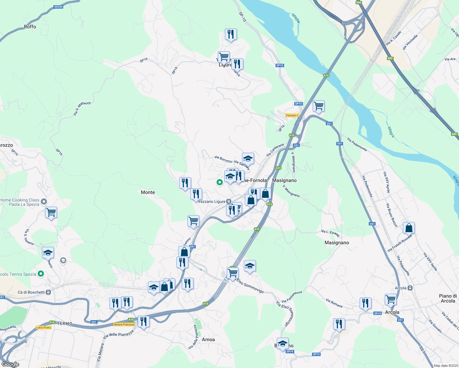 map of restaurants, bars, coffee shops, grocery stores, and more near 14 Via Aldo Moro in Stazione-fornola