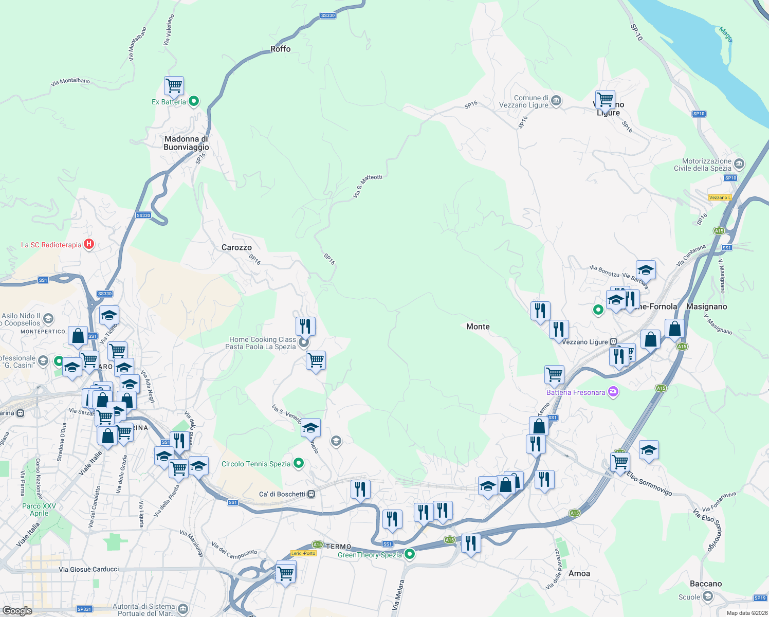 map of restaurants, bars, coffee shops, grocery stores, and more near 29 Via del Monte in Provincia della Spezia