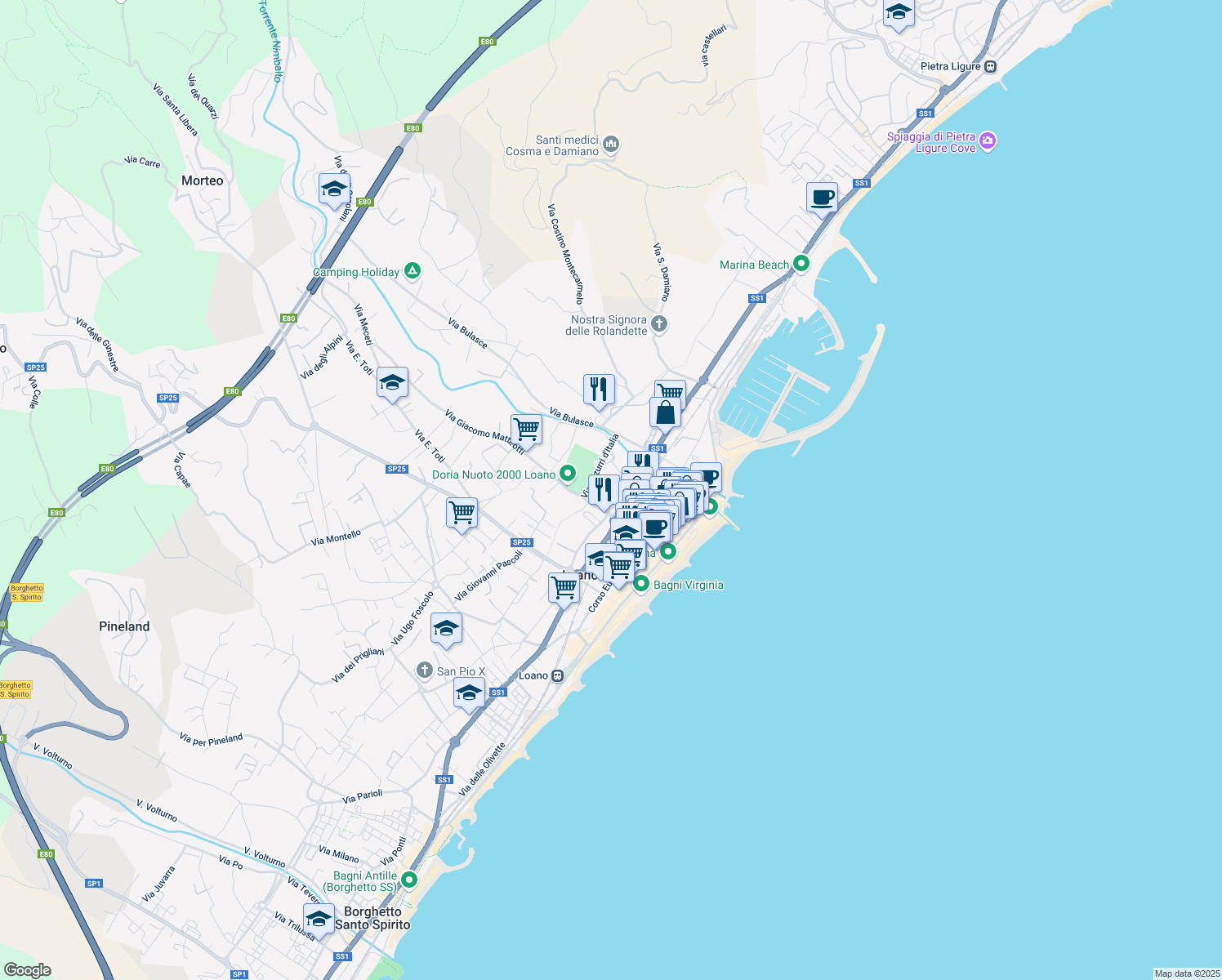 map of restaurants, bars, coffee shops, grocery stores, and more near Via Pollupice in Loano