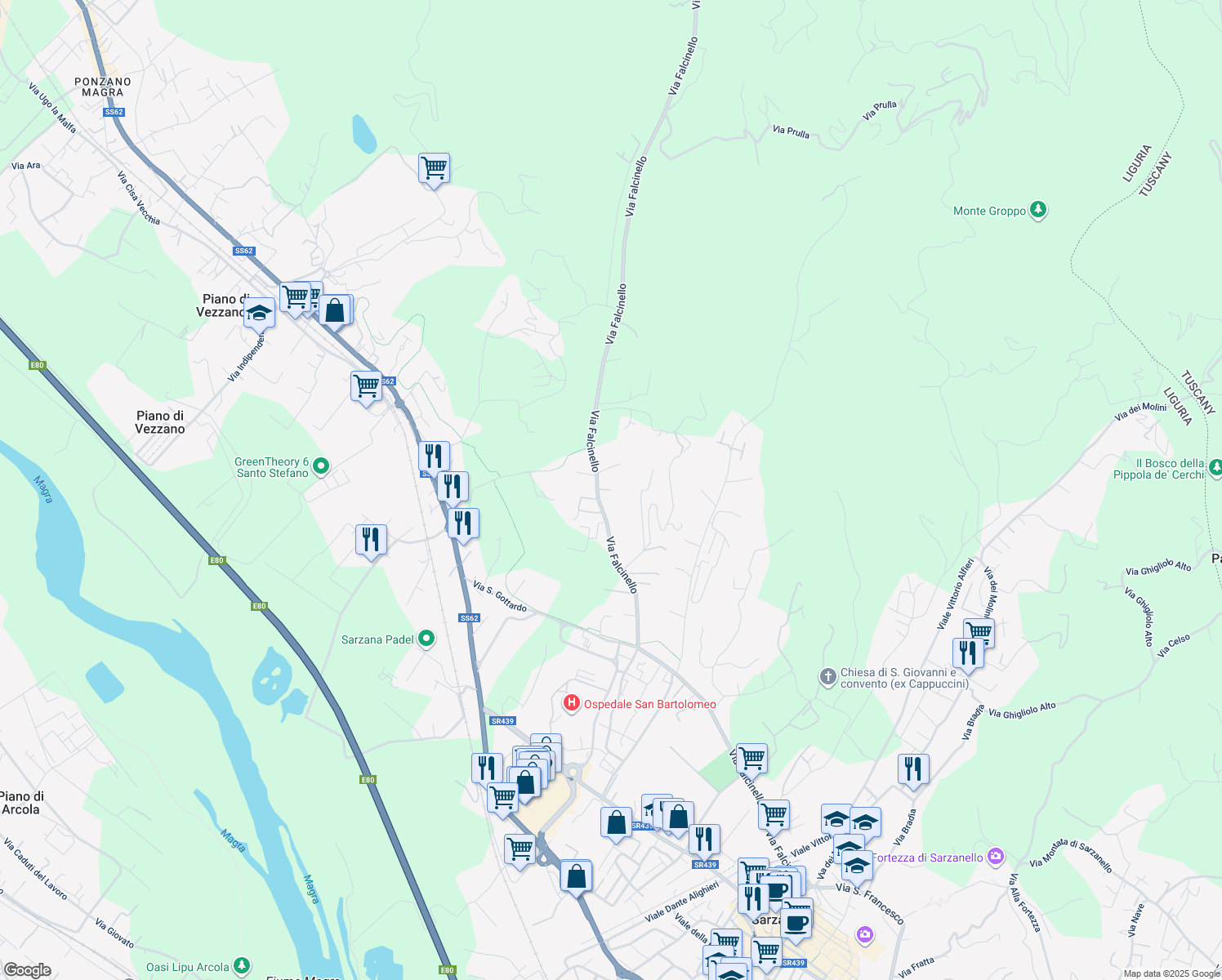map of restaurants, bars, coffee shops, grocery stores, and more near 184 Via Falcinello in Sarzana