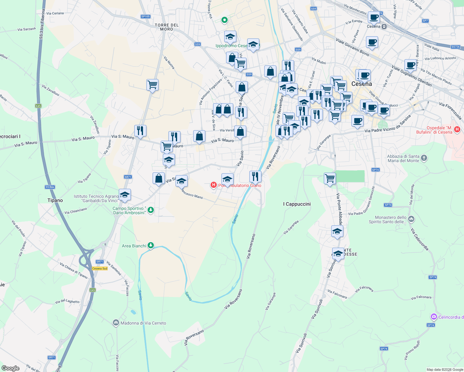 map of restaurants, bars, coffee shops, grocery stores, and more near 157 via prima Ancona in Cesena