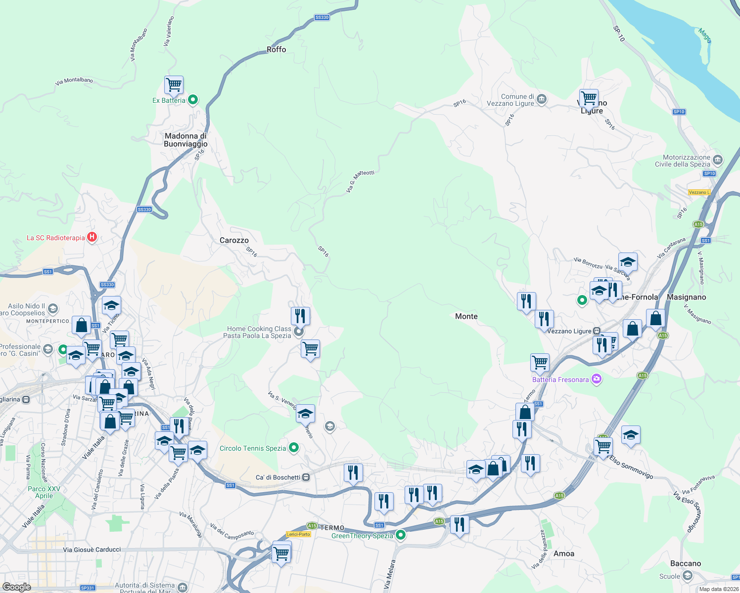 map of restaurants, bars, coffee shops, grocery stores, and more near 29 Via del Monte in Provincia della Spezia
