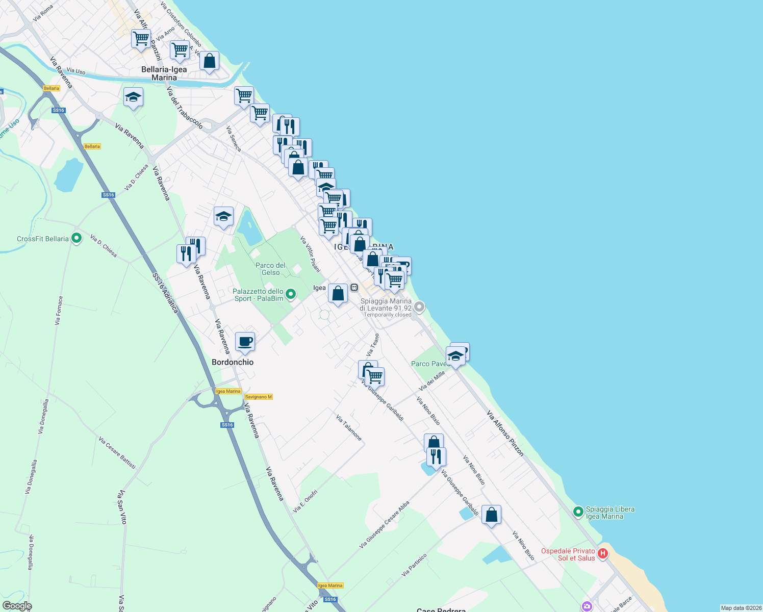 map of restaurants, bars, coffee shops, grocery stores, and more near 15 Via Gellio in Bellaria