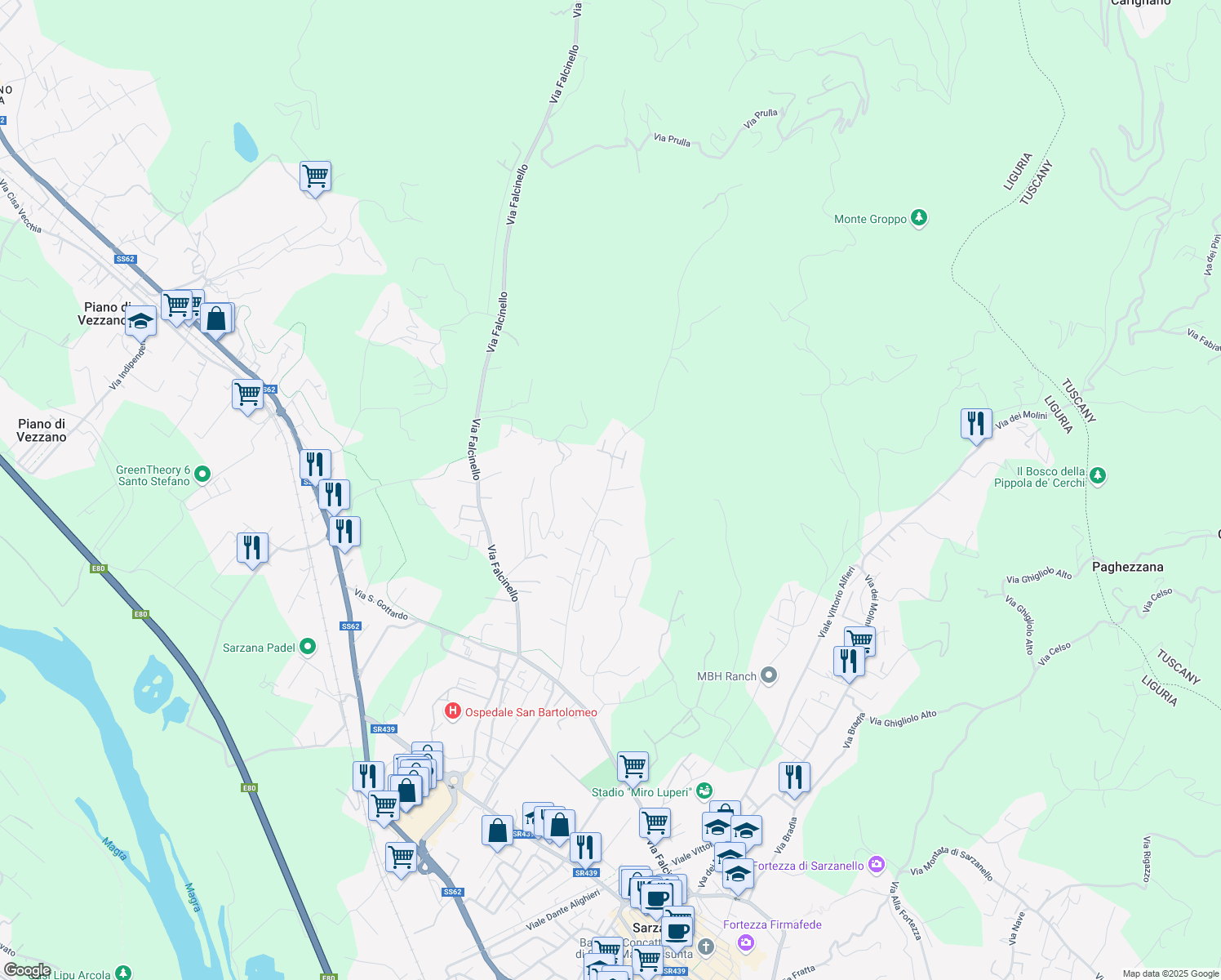 map of restaurants, bars, coffee shops, grocery stores, and more near 72 Via Turì in Sarzana