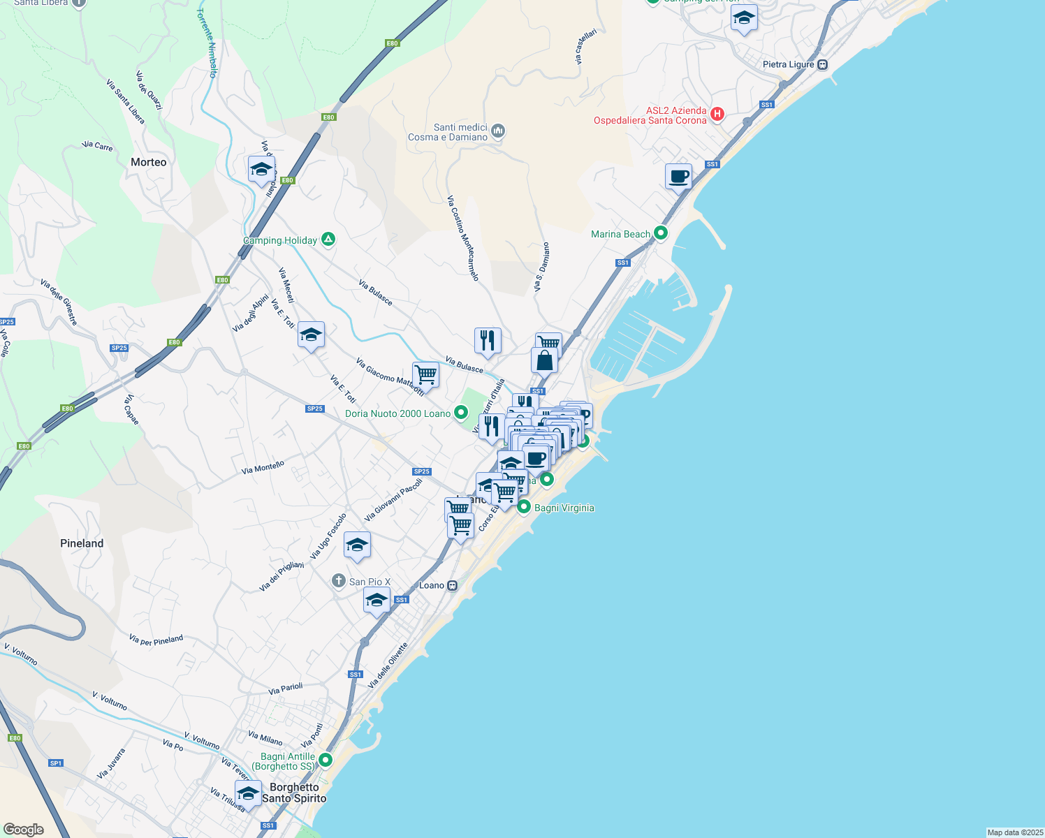 map of restaurants, bars, coffee shops, grocery stores, and more near 91 Via dei Pontassi in Loano