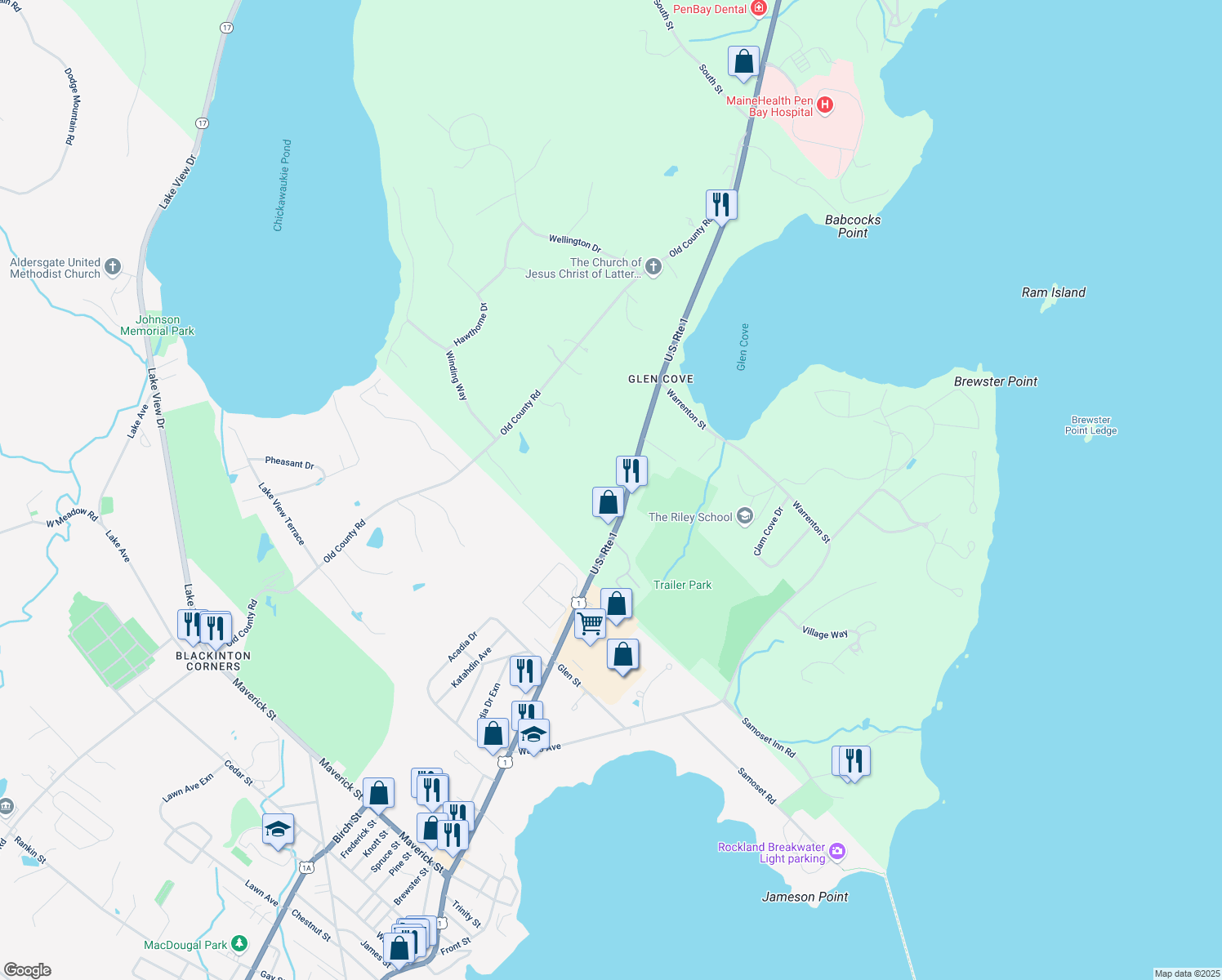 map of restaurants, bars, coffee shops, grocery stores, and more near 1081 Commercial Street in Rockport