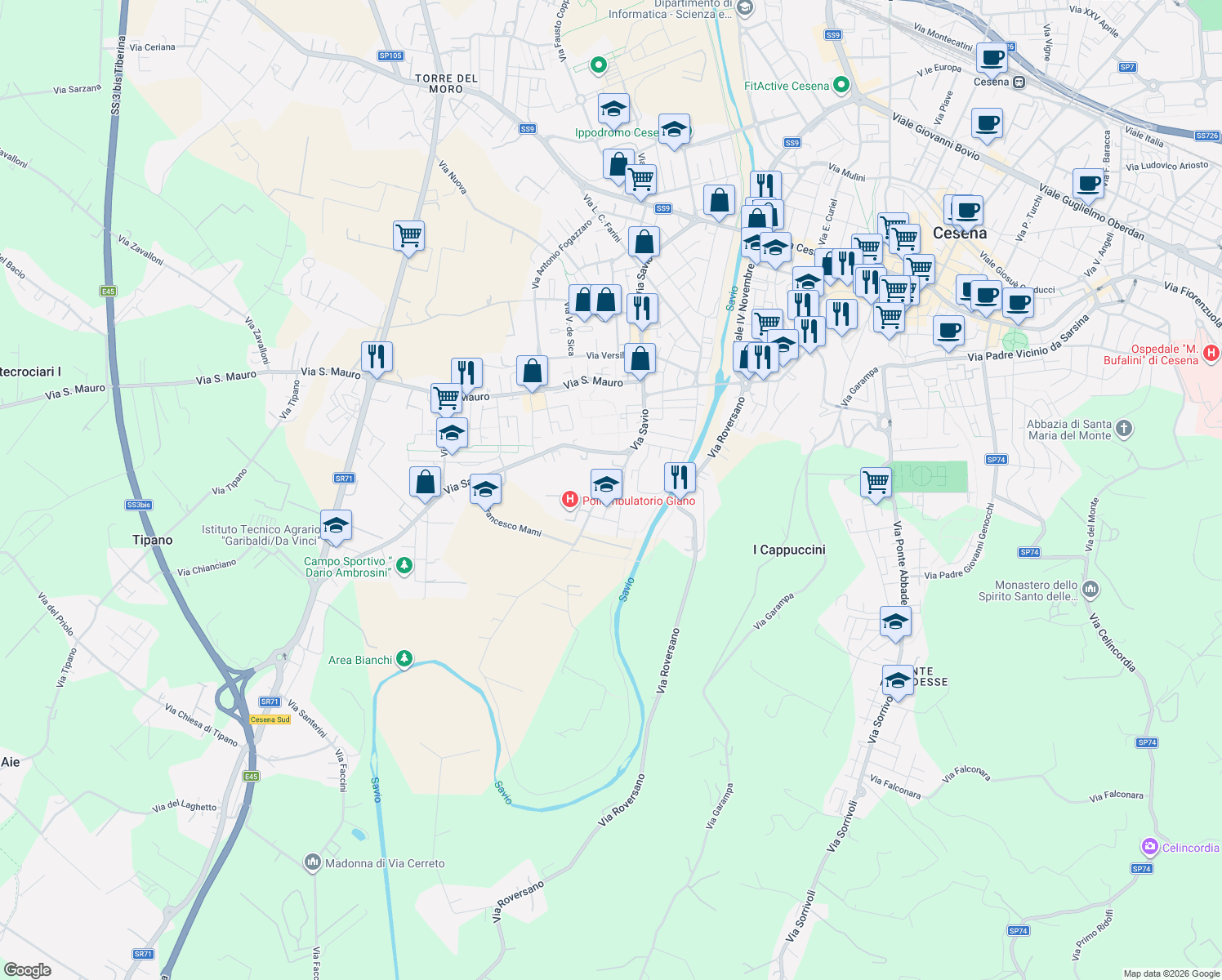 map of restaurants, bars, coffee shops, grocery stores, and more near 157 via prima Ancona in Cesena