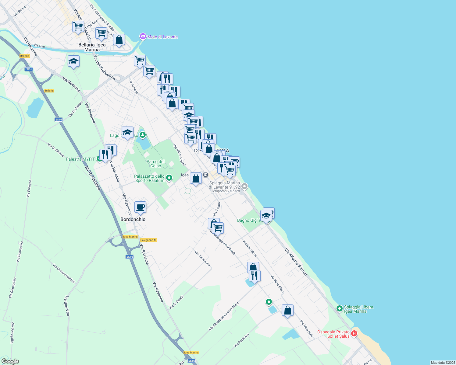 map of restaurants, bars, coffee shops, grocery stores, and more near 84 Via A. Tibullo in Bellaria