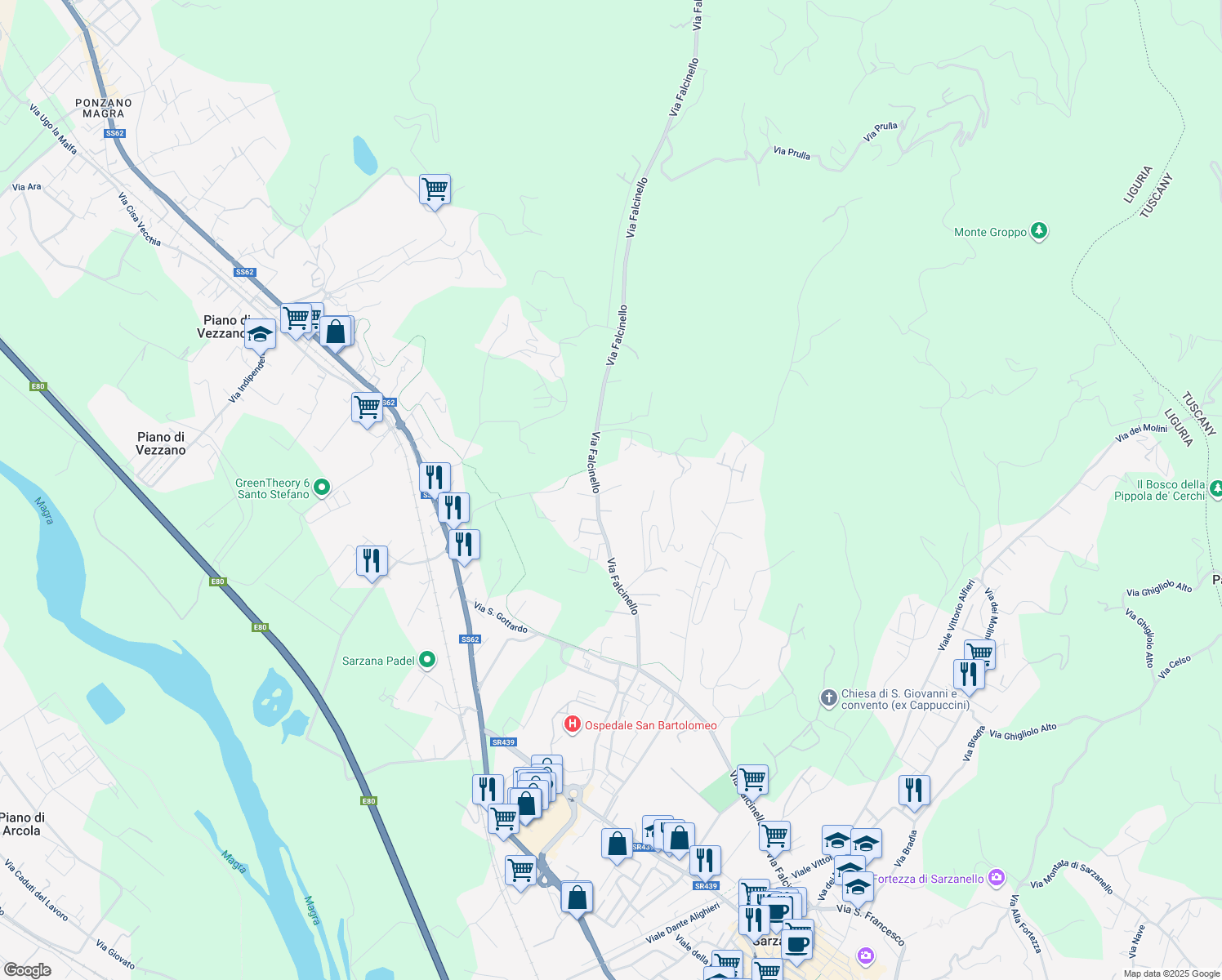 map of restaurants, bars, coffee shops, grocery stores, and more near 184 Via Falcinello in Sarzana