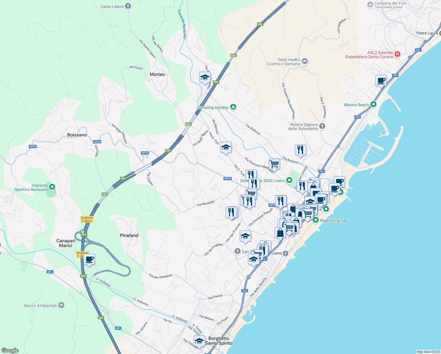 map of restaurants, bars, coffee shops, grocery stores, and more near 33 Via Silvio Amico in Loano