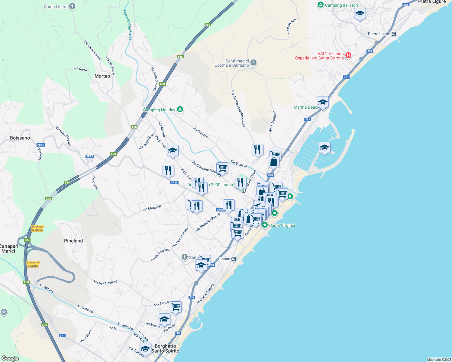 map of restaurants, bars, coffee shops, grocery stores, and more near 21 Via Giacomo Matteotti in Loano