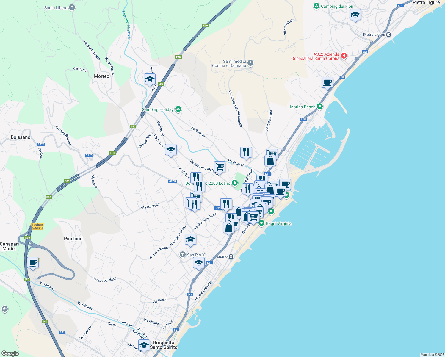 map of restaurants, bars, coffee shops, grocery stores, and more near 21 Via Giacomo Matteotti in Loano