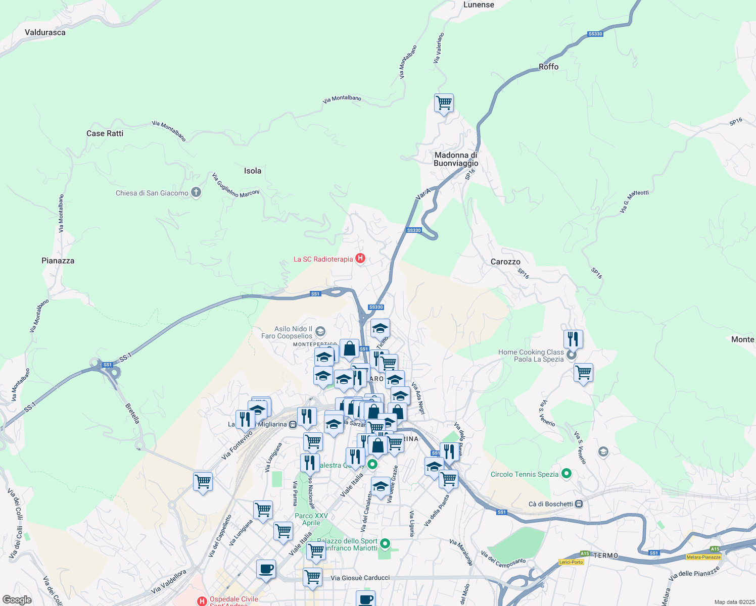 map of restaurants, bars, coffee shops, grocery stores, and more near Via Tesei Teseo in La Spezia