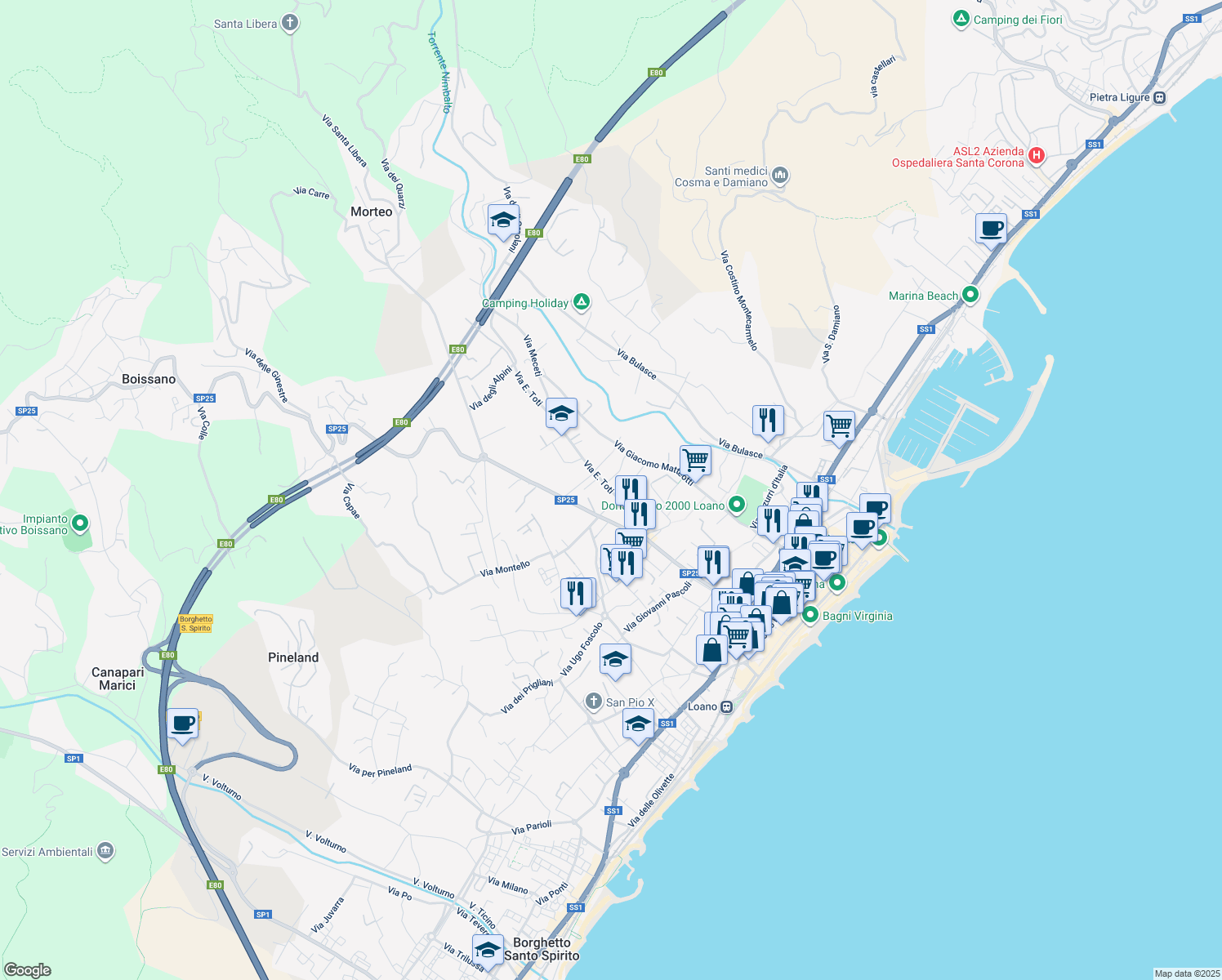 map of restaurants, bars, coffee shops, grocery stores, and more near 43 Via E. Toti in Loano