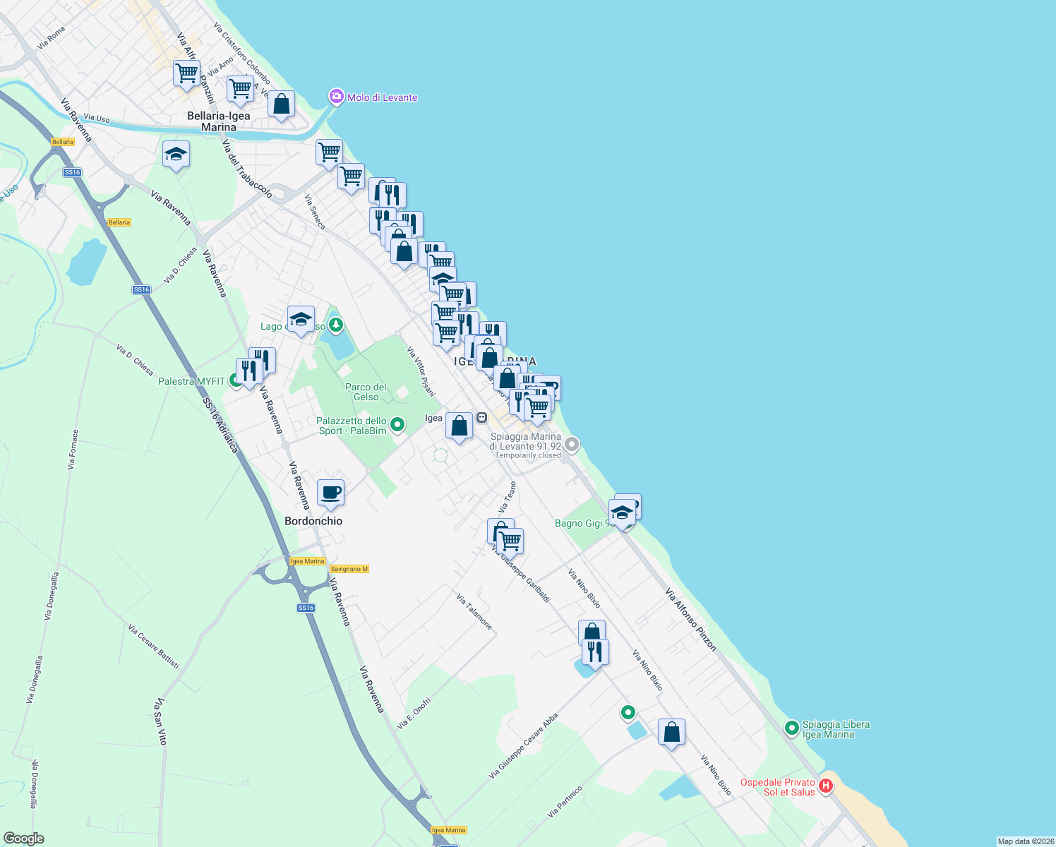 map of restaurants, bars, coffee shops, grocery stores, and more near 84 Via Albio Tibullo in Bellaria-Igea Marina