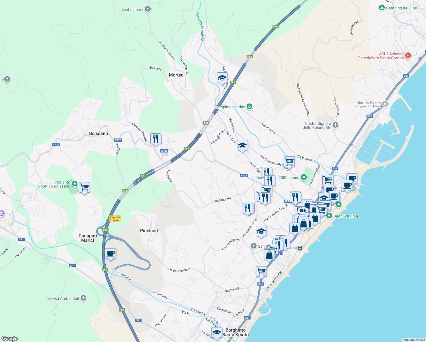 map of restaurants, bars, coffee shops, grocery stores, and more near 22 Via delle Fornaci in Loano